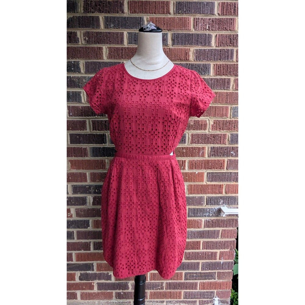 Madewell Eyelet Cotton Dress -Red w/ Cutout Waist- Short Sleeve Size 6